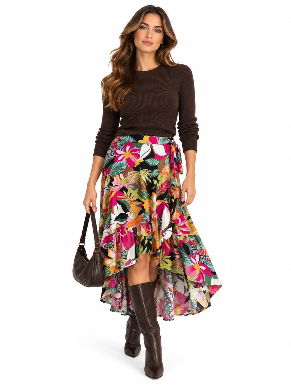Rachel Roy Pink & Black Tropical Floral High-Low Wrap Skirt – Size Medium EUC